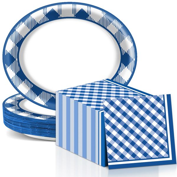 QOUBAI Gingham Oval Paper Plates 11inch Blue and White Checkered Plates and Napkins, Dish Tray for BBQ Gathering Picnic Carnival Theme Party Supplies Holiday Baby Shower Birthday Tableware, 25 Guest