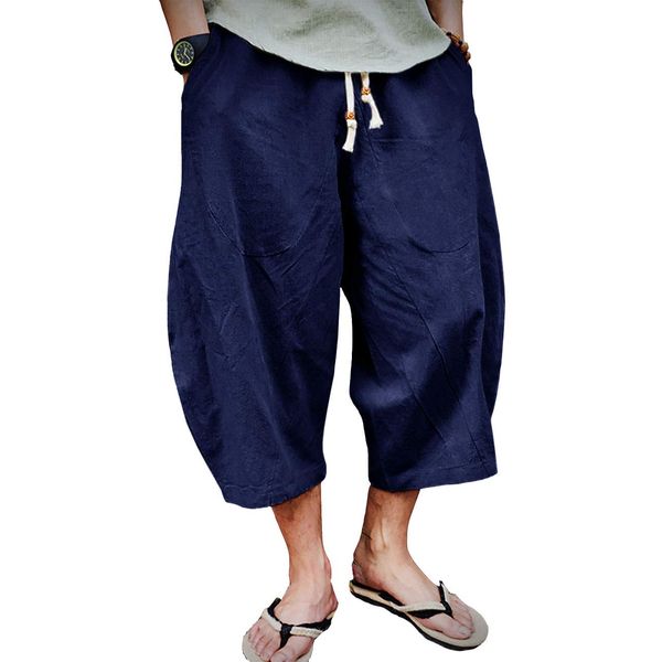 EKLENTSON Mens Summer Pants Yoga Pants Men Baggy Pants for Men Harem Capri Pants Cotton Beach Pants for Men, Navy Blue, 34