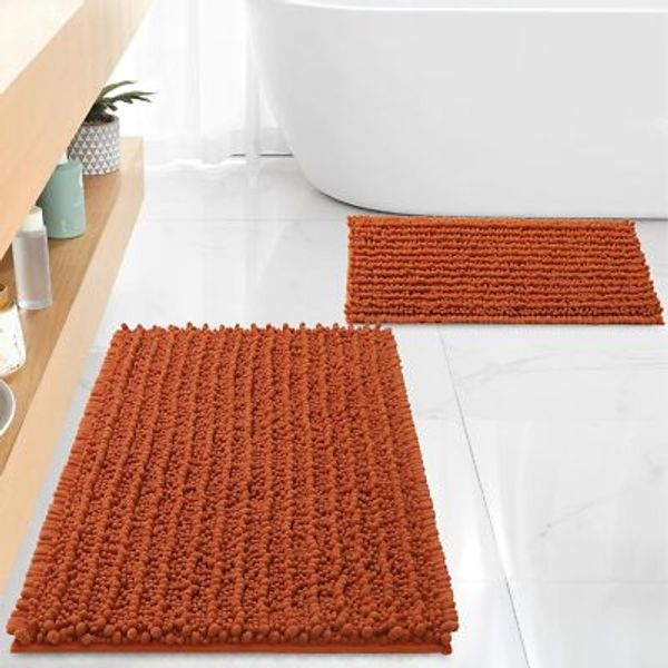 Chenille Burnt Orange Bath Rug Set, Soft & Non-Slip, Washable