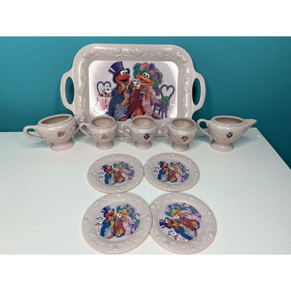 Vintage Sesame Street Toy Tea Set 10 Pieces Plates Cups Tray Zoe & Elmo Rare