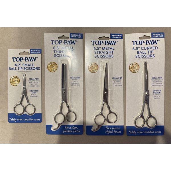 Variety of 4 Pet Grooming Scissors (Thinning, Curved Ball, Metal Straight, More)