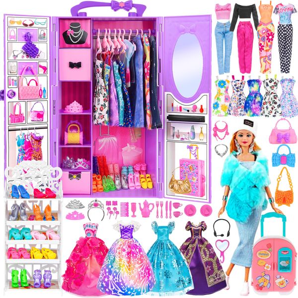 ebuddy Doll and Accessories Doll Closet Playset with 106 pcs Doll Clothes and Accessories for Girls 6-12 Including one Doll, Closet, Stylish Blue Set, Luggage, Shoe Rack, Wedding Gowns