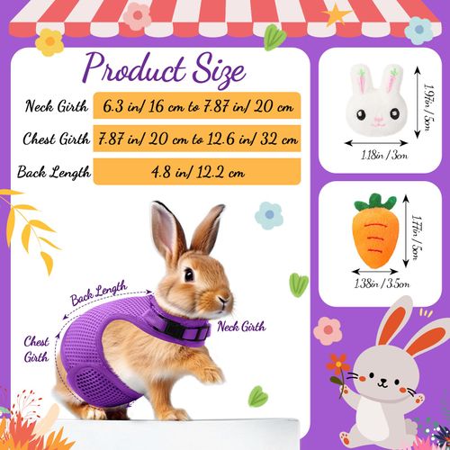 Rabbit Harness and Leash Set with 2 Cute Decorations Bunny Clothes Adjustable Buckle Breathable Mesh Vest Harness for Rabbits Ferret Small Pig Puppy Walking Supplies (Purple,Fresh Pattern)