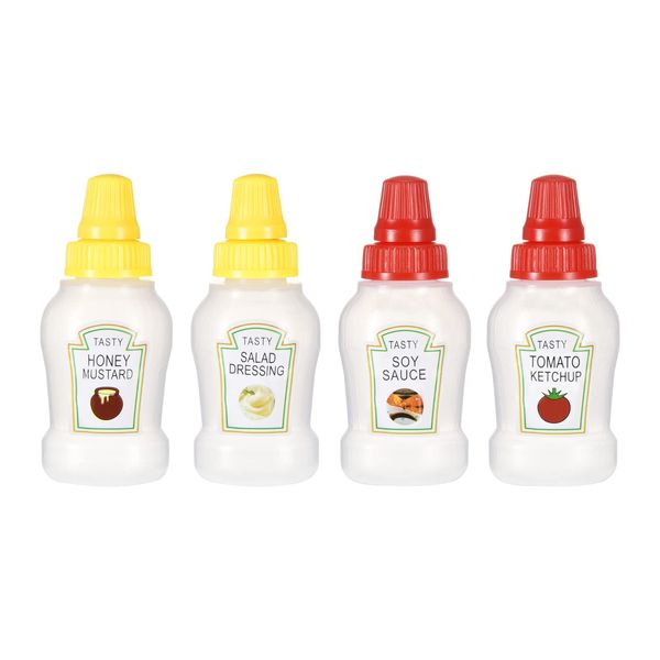 Jspupifip 4pcs Mini Ketchup Bottles with Sturdy Screw Cap,25ml Mini Condiment Squeeze Bottles Portable Honey Sauce Salad Dressing Dispensers Jars Containers for Kids Adults Lunch Box(2 yellow+2 red)