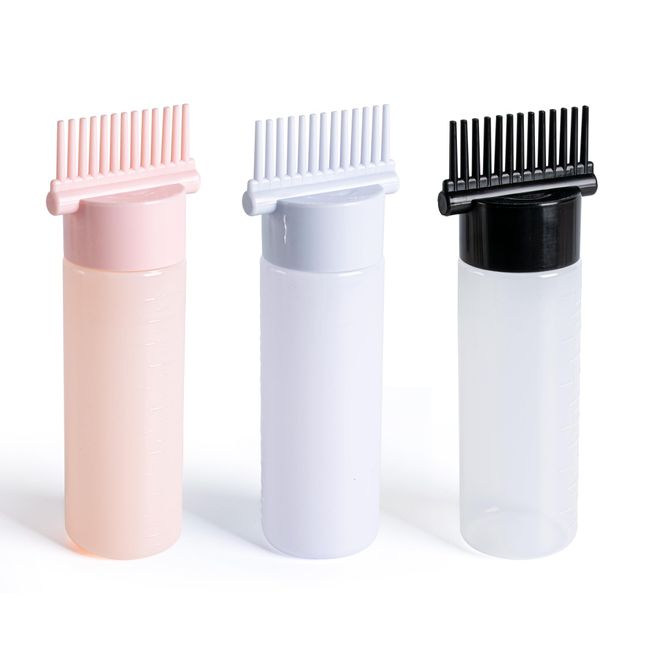 MEGAVOW 3 Packs Root Comb Applicator Bottle 180ml, Squeeze Shampoo Brush Hair Coloring Dye and Scalp Treatment Tools with Graduated Scale (3 Colors)