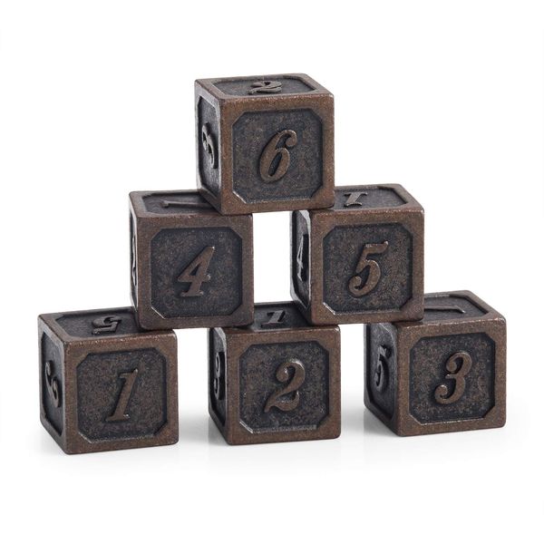 DNDND Ancient Copper D6 Metal Dice Set, Metal Dice 6 Sided Set of 6 Solid Metallic Dice with Free Black Velvet Bag for D&D Pathfinder Shadowrun or GURPs