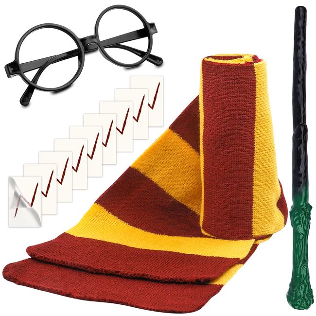 CHRIMISS Wizard Costume Accessories Set Novelty Scarf Wizard Wand Glasses with Round Frame No Lenses Tattoos for Kids Birthday Party Cosplay Costume Accessories Halloween Party