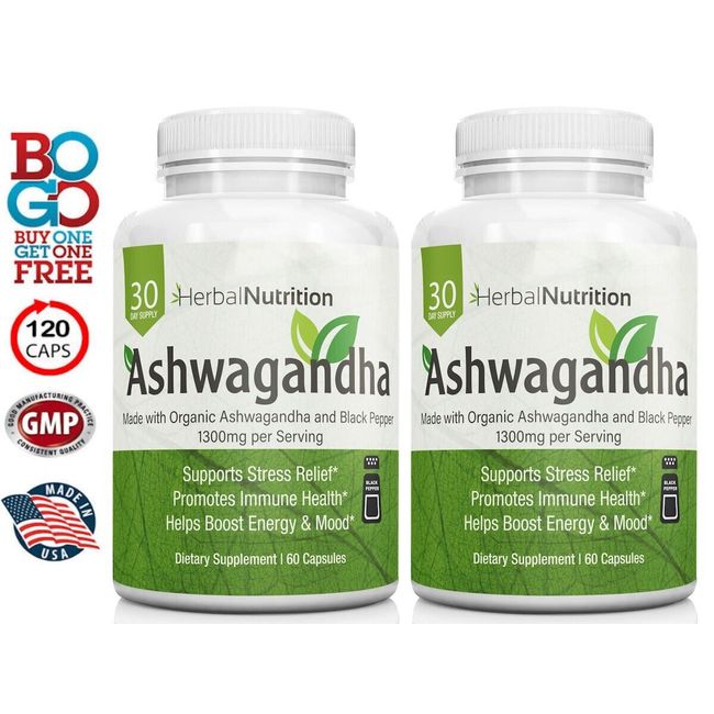 Ashwagandha Extra Strength Organic Stress Supplement 120 Capsules Two Bottles