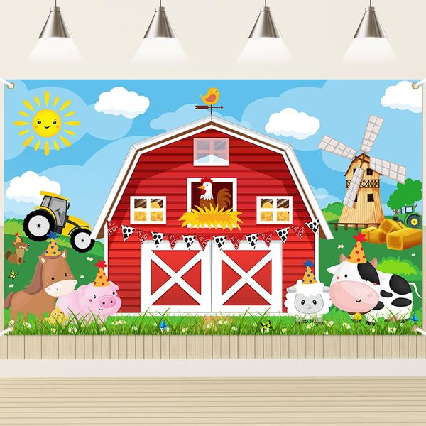 Lecheme Red Barn Birthday Backdrop Farm Birthday Party Banner Farm Backdrop Farm Party Decorations for Kids' Birthday Barn Door Animals Party Supplies for Birthday Farm Photoshoot