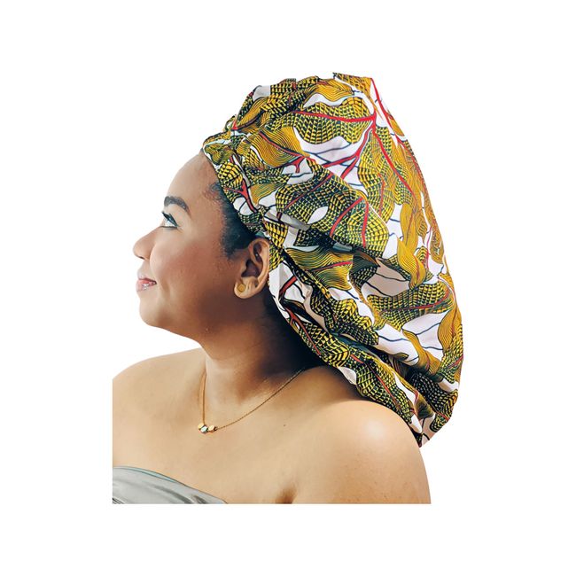 TREJAZ Satin Bonnet Silk Bonnet Sleep Bonnet Cap Hair Bonnet for Sleeping Ankara Silk Bonnet for Women Long Curly Hair (Gold/White, XL)