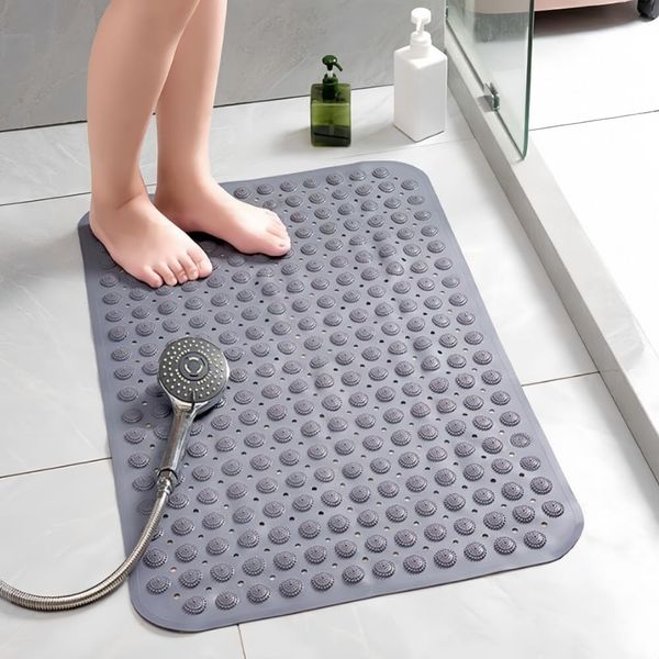 Non Slip Shower Mats, 36x70cm Bathtub Mat Non Slip, Anti Slip Bath Mats with Suction Cups and Drain Holes, Rubber Bathtub Mat for Bathroom,for Bathroom Hotel Pet Shower, Grey