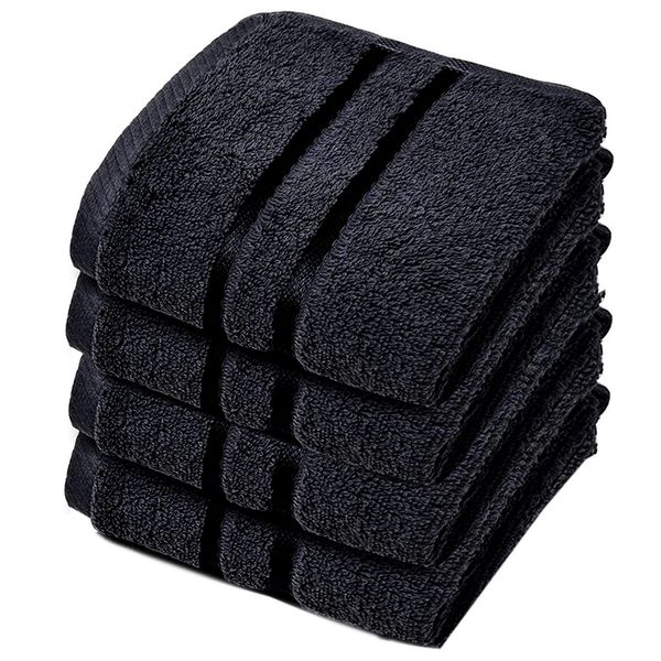 Towelogy® Luxury Egyptian Cotton Face Cloth Flannel Fingertip Towels Set 500 GSM Supersoft and Highly Absorbent Washcloths 30x30 cm (Pack 4, Black)