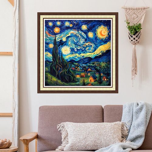 Stamped Cross Stitch Kits for Beginners Full Range of Cross Stitching 11 CT Printed Cross Stitch Kit for Kids Adults Cross-Stitch Patterns Needlepoint Kits-Van Gogh Starry Sky Countryside 18x18 inch