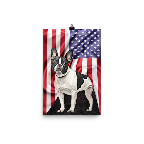 Lovesout Funny Piebald French Bulldog Portrait - American Flag Themed Wall Art Poster 12x18 Inch Unframed - Puppy Owners Gifts
