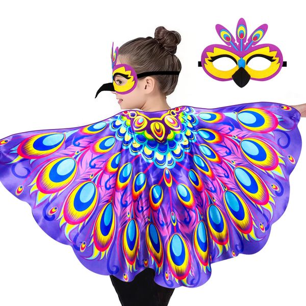 iROLEWIN Peacock-Costume-Bird-Wings for Kids-Girls 3D Bird Mask Toddler Dress Up Feathered Cape as Boys Halloween Party Gifts