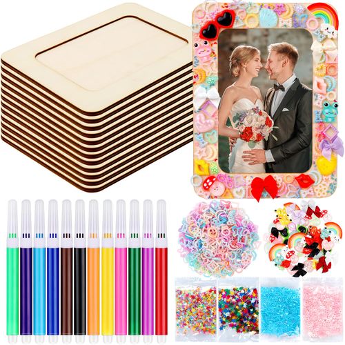 JMUQ 12Pack Wooden Picture Frames 4 * 6 Picture Frame Painting Craft Kit, DIY Crafts Wooden Frame with 12 Watercolor Pencils Pearl Resin for DIY Painting Wedding Crafts