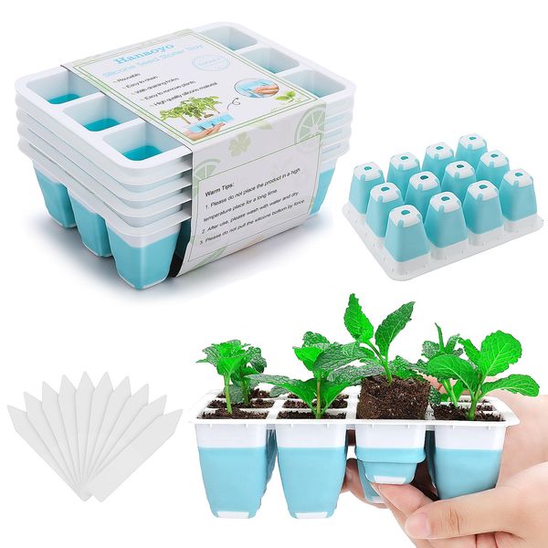 Hanaoyo Reusable Seed Starter Tray, 5 PCS Seed Starter Kit with Flexible Pop-Out Cells (60 Cells in Total), Seedling Starter Trays for Seed Starter, Indoor Greenhouse Seeding Planting Growing