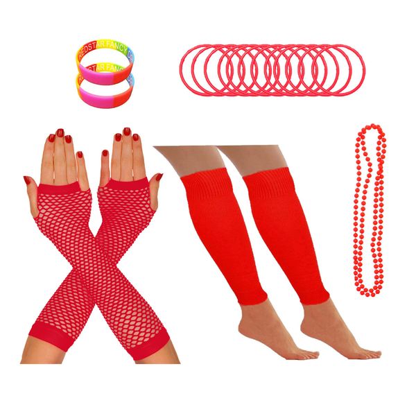 REDSTAR FANCY DRESS® Neon 1980s Party Outfit - Leg Warmers Fishnet Gloves Necklace Beads Gummies Neon Wristband (Red)