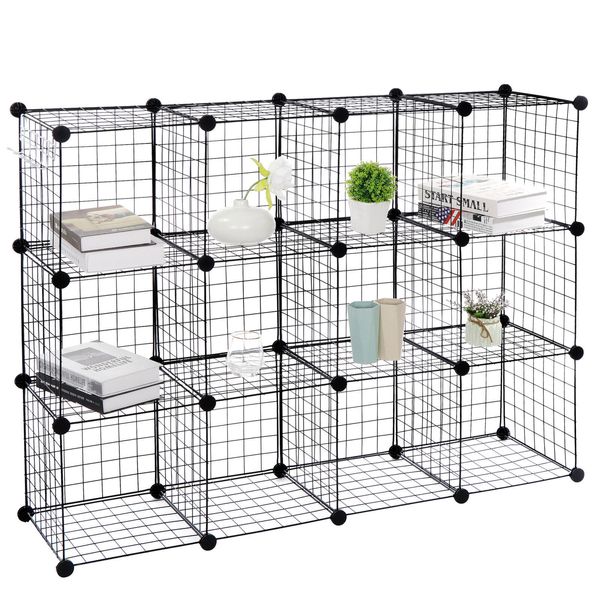 Black 12 Cubes Storage Rack Kitchen Shelving Metal Wire Shelf Storage Organizer