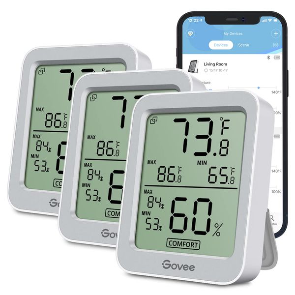 Govee Indoor Hygrometer Thermometer 3 Pack, Bluetooth Humidity Temperature Gauge with Large LCD Display, Notification Alert with Max Min Records, 2 Years Data Storage Export, Grey