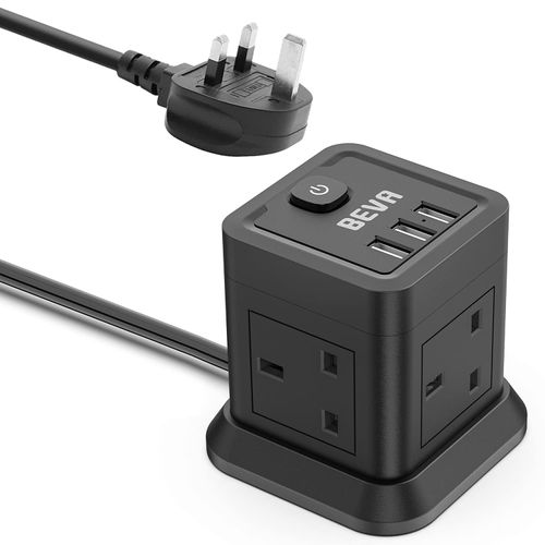 Cube Extension Lead with USB, 4 Way Power Strip with 3 USB Ports (5V/2.4A) BEVA UK Power Socket with Switch 1.5M Extension Cords for Home, Office, Travel, Dorm Room (Black)