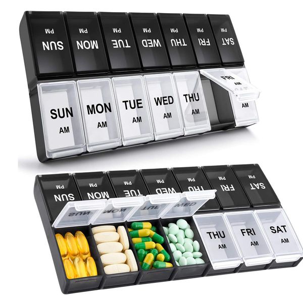 2 Pcs Pill Boxes 7 Day 2 Times A Day Pill Organiser 7 Day 2 Times Night Medicine Organizer Travel Pill Container Seven Day AM & PM Pill and Tablet Storage Box with 14 compartments