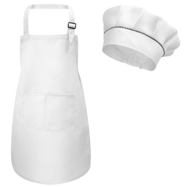 Kids Apron and Chef Hat Set, Adjustable Children Chefs Apron with Pockets for Boys Girls, Toddler Kitchen Garden Bib Aprons for Cooking Baking Painting Crafting Wear (M for 3-6 Age) (White)