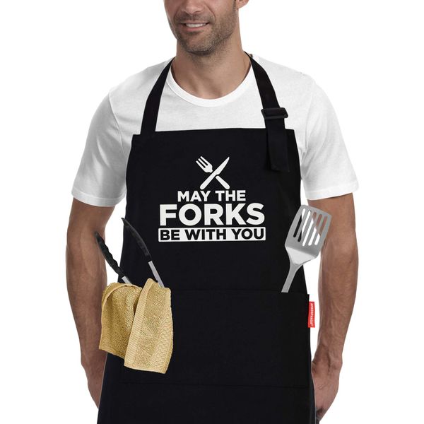 APRONPANDA Mens BBQ Grilling Kitchen Aprons-May The Forks Be with You, Novelty Funny Cooking Apron for Movie Fans, Black Chef Apron, Christmas Gifts for Him, Men, Husband, Boyfriend, Son