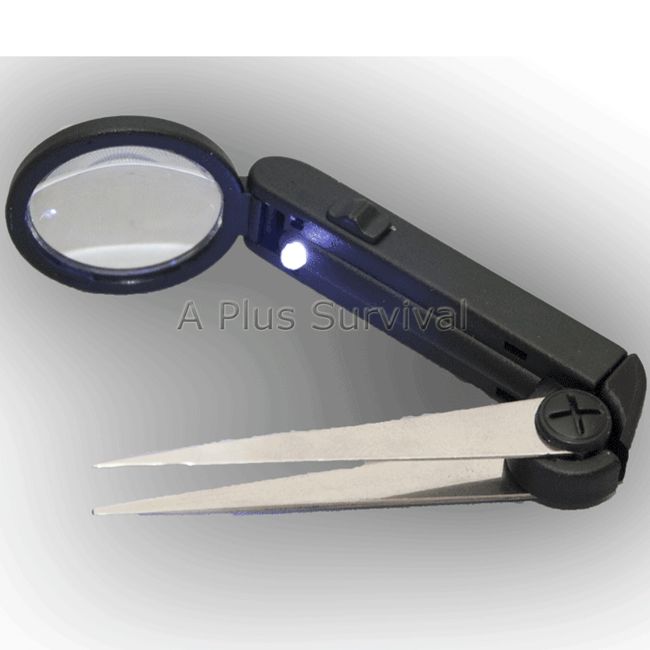 Tweezers Magnifier Glass LED Light First Aid Splinter Survival Camping Emergency