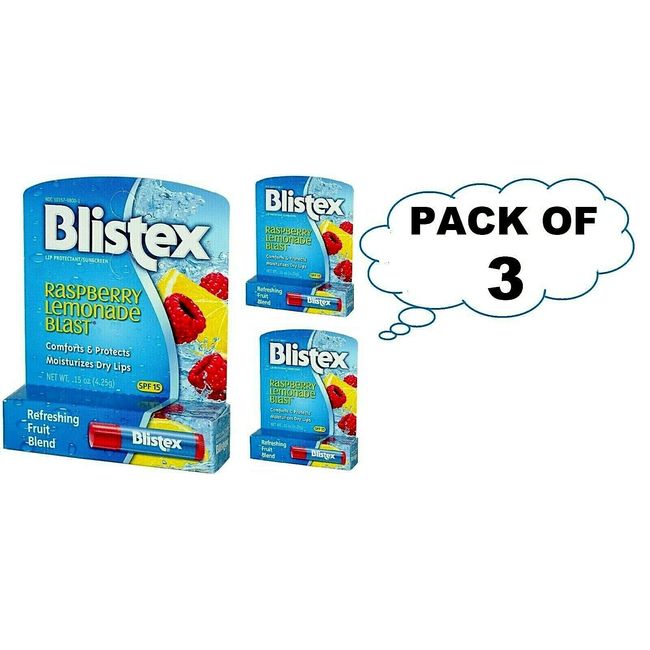 3 Pack Blistex Raspberry Lemonade Blast Fruit Blend Lip Balm SPF 15, .15 Oz Each