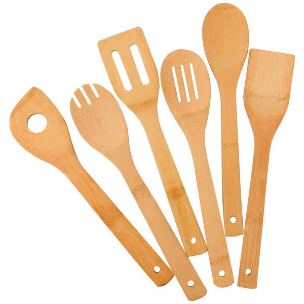 Bamboo Kitchen Cooking Utensils, 6 pcs Nonstick Cooking Spatula Tools with Handles, Heat Resistant Spatula Set, Non-stick Cooking Utensil, Premium Wooden Cooking Spoon Sets for Kitchen