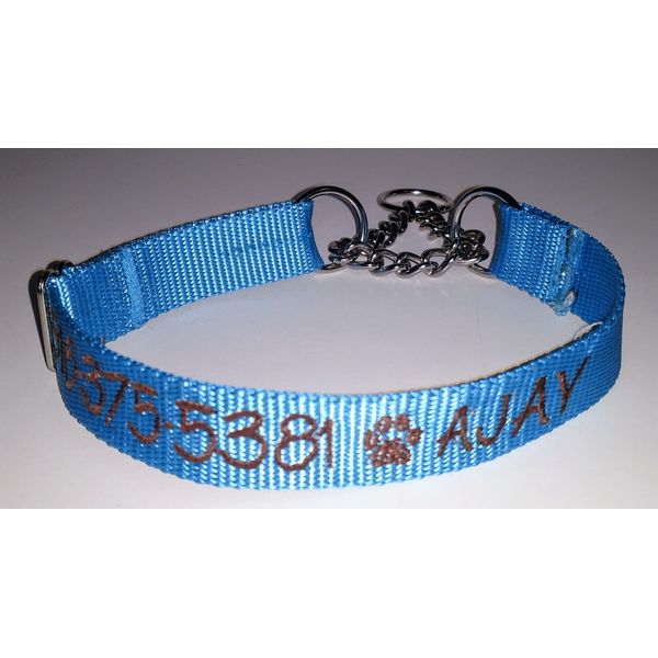 PERSONALIZED Embroidered Chain Martingale Dog Collar Pet ID Tag Name and Phone!