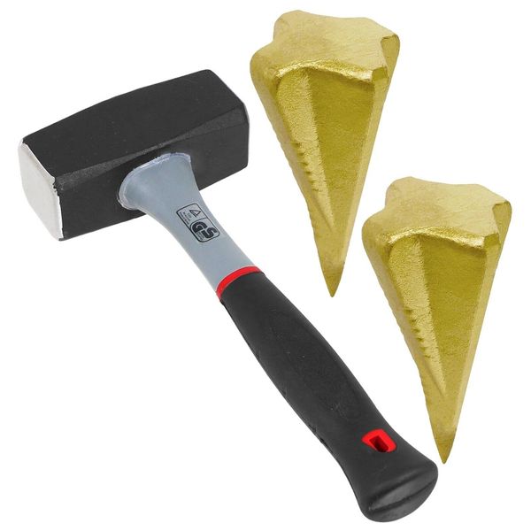 SPARES2GO Log Splitting Hammer Kit (2KG / 4lb Lump Club Mallet + Wood Splitter Maul Wedges x 2)