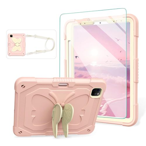 for iPad Air 5th Generation Case iPad Pro 11 inch Case 4th 3rd for Kids Girls with Screen Protector, Butterfly Kickstand, Shoulder Strap, Pencil Holder Cover for iPad Air 4th Gen 10.9'' Pink