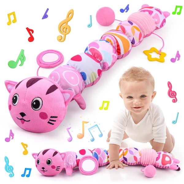 Vpkefla Infant Baby Toys 0 to 12 Months, Stuffed Animal Tummy Time Toys Sensory Toys with Crinkle Rattles Textures and Mirror Gifts for Newborn Boys Girls, Cat Caterpillar Musical Toys (Pink)