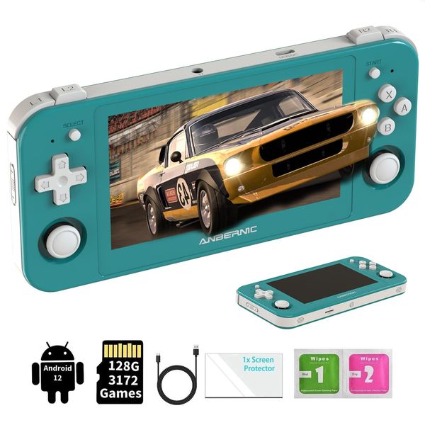 RG505 Retro Handheld Game Console RG505 Emulator Handheld Console 4+128G, Android 12 System Unisoc Tiger T618, 4.95'' OLED Touch Screen with 128G TF Card 3172 Games, 5G WiFi 5.0 Bluetooth Turquoise