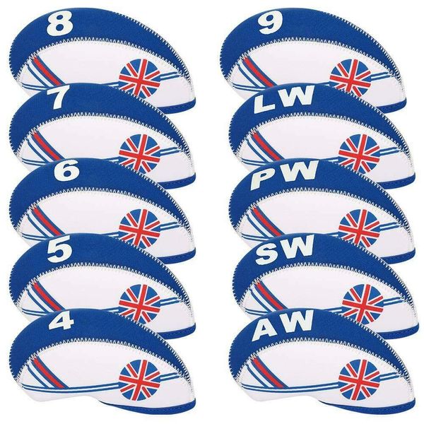 TOHMLAPE GOLF 10pcs UK Flag Patterned Neoprene Golf Club Wedge Iron Head covers cover set Headcovers Protect Case,White & Blue