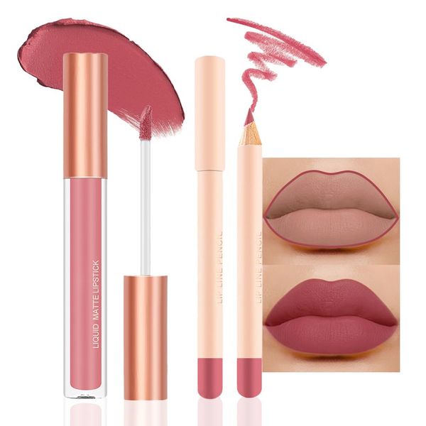 BINGBRUSH Colors Liquid Matte Lipstick and Lipliner Pack Set, Lip Tint Long Lasting 24 Hour Waterproof Velvet Nonstick Cup Lipgloss Lip Stain Pigmented Lip Makeup Gift Sets (1Pc 03#)