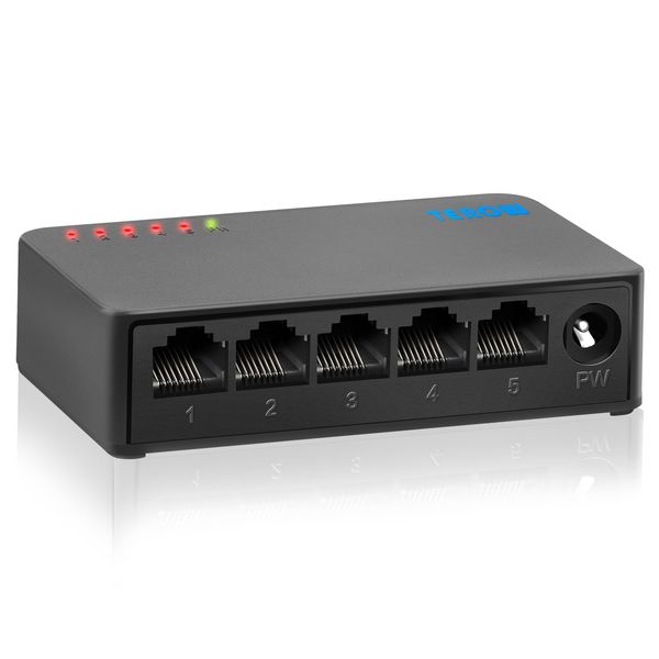 TEROW Ethernet Switch,5 Port Gigabit Unmanaged Network Switch, Portable Switch | Plug & Play | Fanless Housing, Black