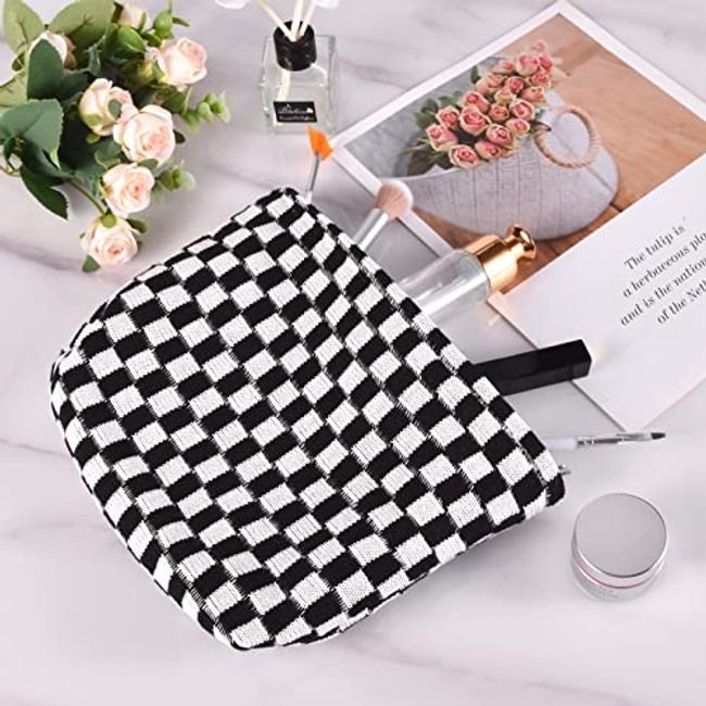 Checkered Pattern Zipper Makeup Bag, Travel Cosmetic Bag, Makeup
