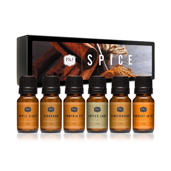 P&J Fragrance Oil Spice Set | Cinnamon, Harvest Spice, Apple Cider, Coffee Cake, Gingerbread, and Pumpkin Pie Candle Scents for Candle Making, Freshie Scents, Soap Making Supplies, Diffuser Oil Scents