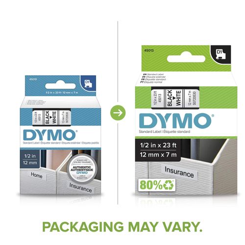 DYMO Standard D1 Labeling Tape for LabelManager Label Makers, Black Print on White Tape, 1/2'' W x 23' L, 1 Cartridge (45013)