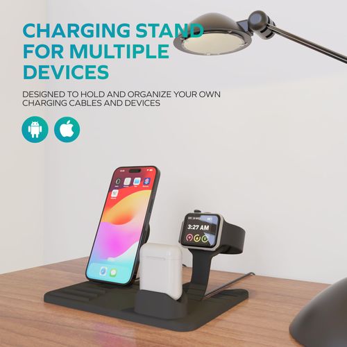 Chargeworx 3 in 1 Charging Stand [Compatible with MagSafe Charger, Airpods & iPhone], Bendable, Rubber Charging Frame Holder for Cables, Pads | Matte Black Finish (Charger NOT Included)