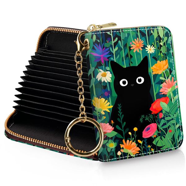 Yonlevres Credit Card Holder for Women RFID Wallet, Flower Cat Small Wallet Card Holder Wallets with Keychain Zipper, Floral Leather Print Credit Card Accordion Gift