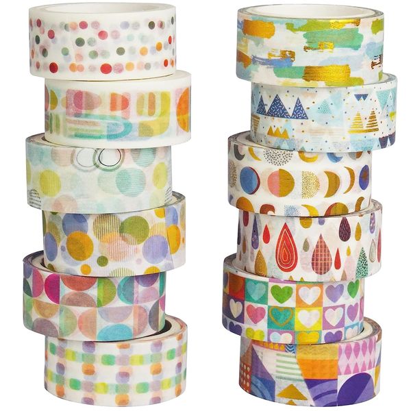 KAVI' S 12 Rollen Washi Tape Set Klebeband Papier Dekorativ Masking Tape Klebeband Bunt für Scrapbooking Handwerk Handwerk (Basic Patterns)