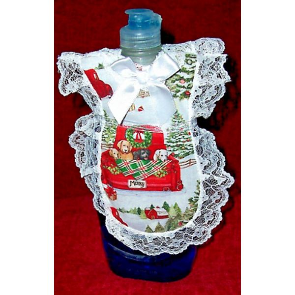 Christmas Dogs in Truck Merry Apron Dish Soap Pancake Syrup, Catsup Bottle Cover