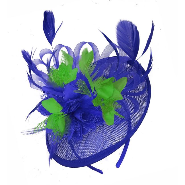 Caprilite Royal Blue and Jade Green Sinamay Disc Saucer Fascinator Hat for Women Weddings Headband