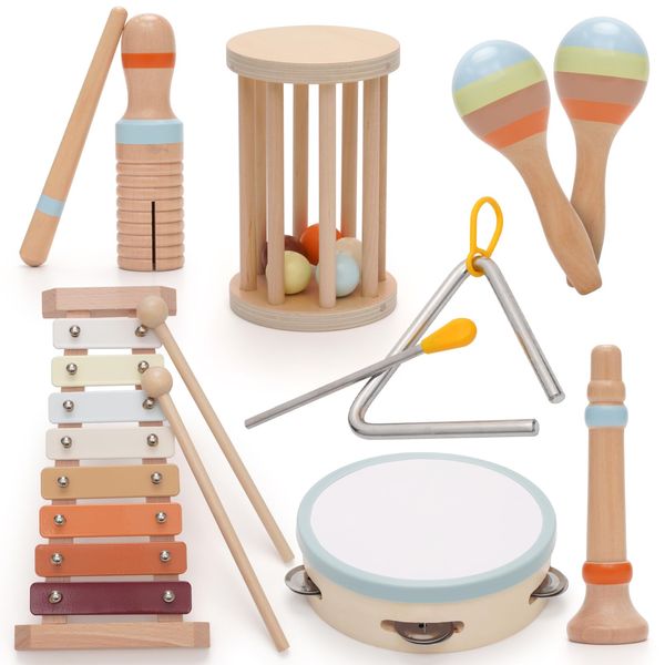 Baby Musical Instruments,Montessori Wooden Percussion Instruments Toy for Toddlers 1-3 Year Old, with Modern Boho Xylophone Tambourine for Kids Preschool Educational Christmas Birthday Gifts