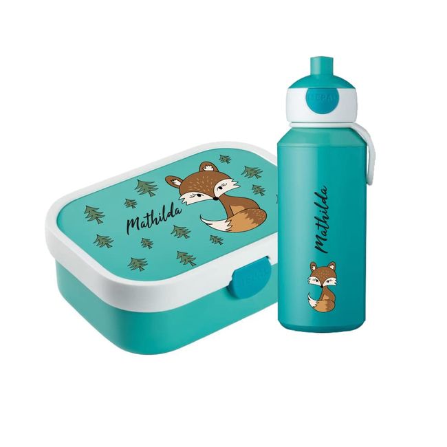 4youDesign Mepal Bento Box & Trinkflasche Set personalisiert Fuchs türkis – Geschenk für Kinder Weihnachten, Nikolaus, Geburtstag – BPA frei - Auslaufsicher – Brotdose 750ml, 400ml Flasche