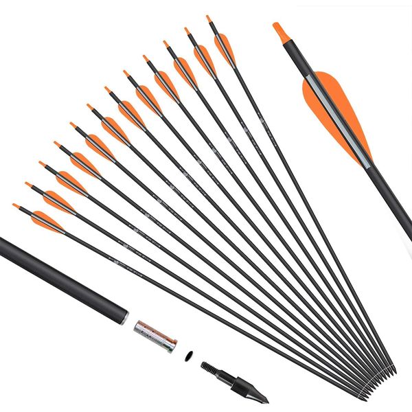 KESHES Archery Carbon Arrows for Compound & Recurve Bows - 30 inch Youth Kids and Adult Target Practice Bow Arrow - Removable Nock & Tips Points (12 Pack) (Orange)